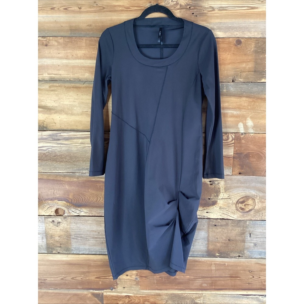 Porto SF Black Asymmetrical Stretch Lycra Long Sleeve Rushed Dress Size (0) XS